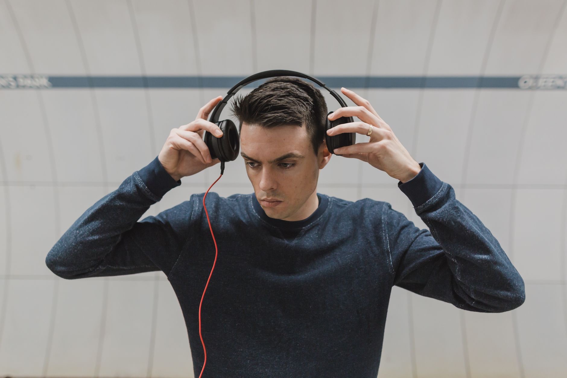 A person wearing over-ear headphones