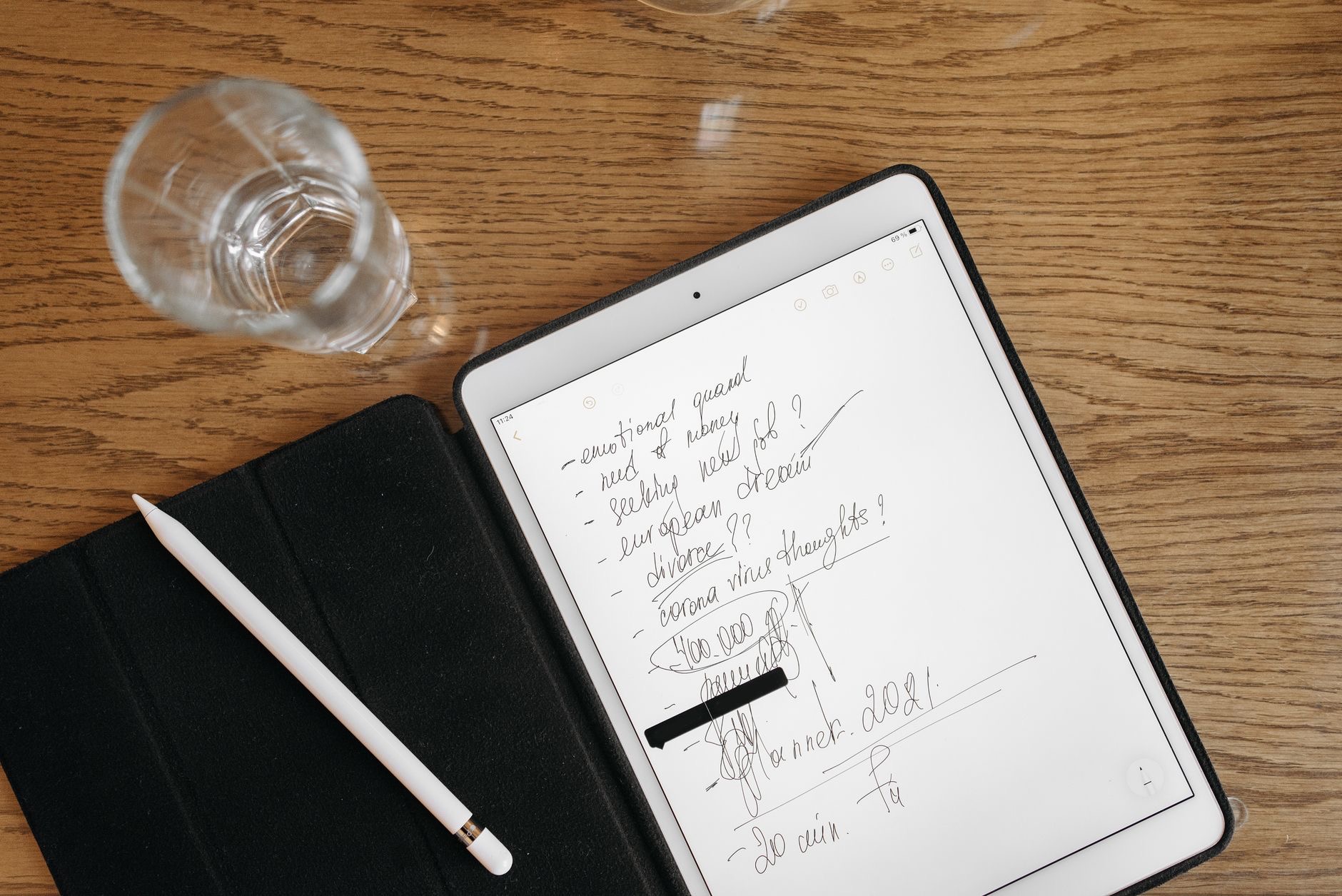 Tablet with handwritten notes and a stylus