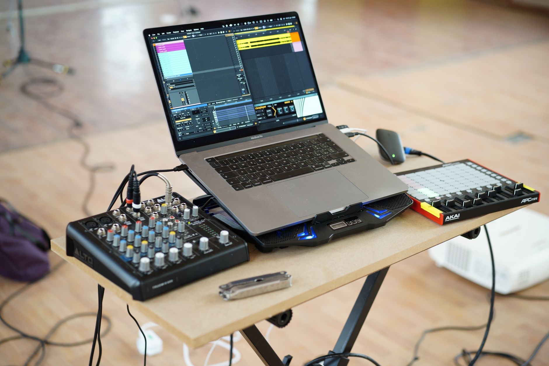Home music studio with a laptop and audio gear