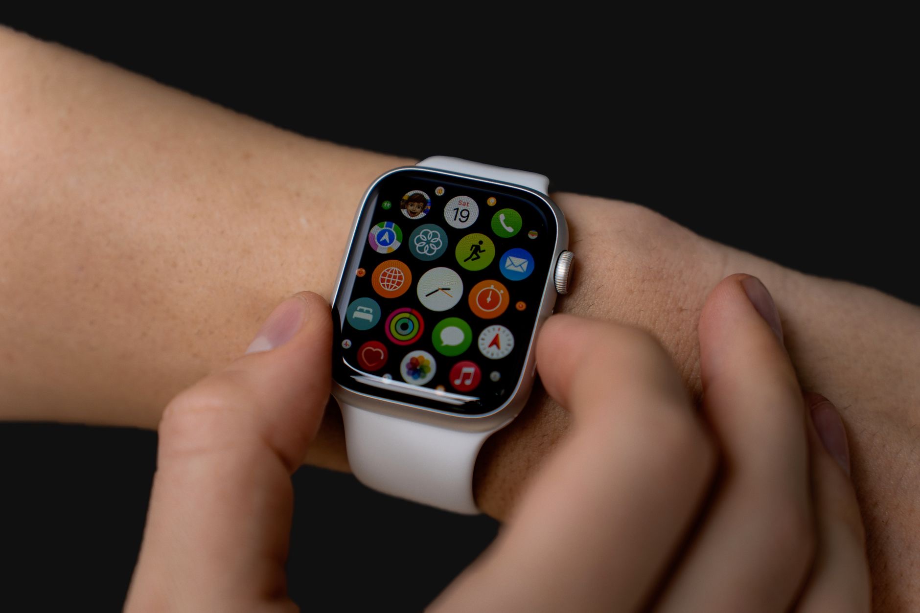 A new Apple Watch on a wrist during setup