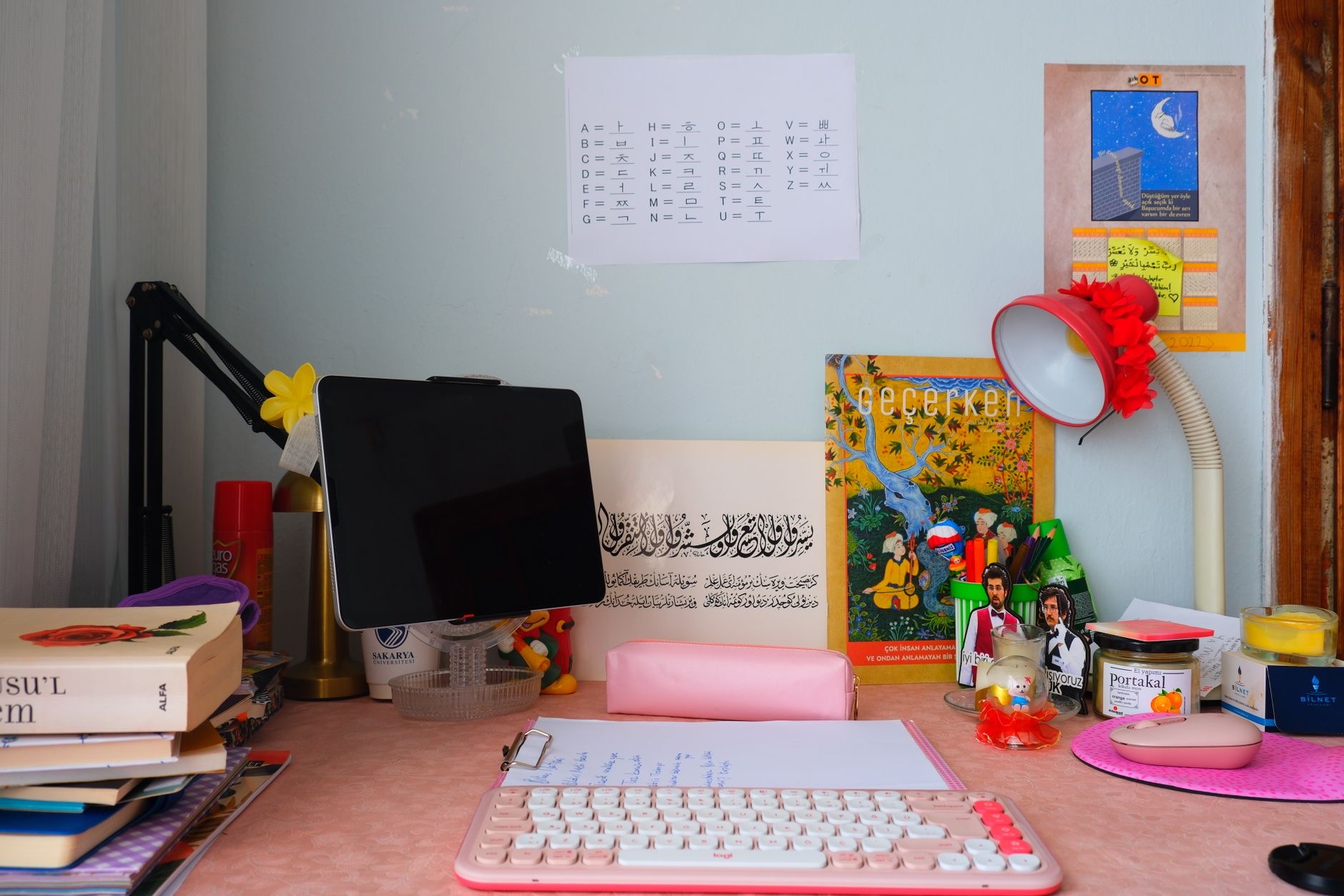 A small tablet resting on a desk