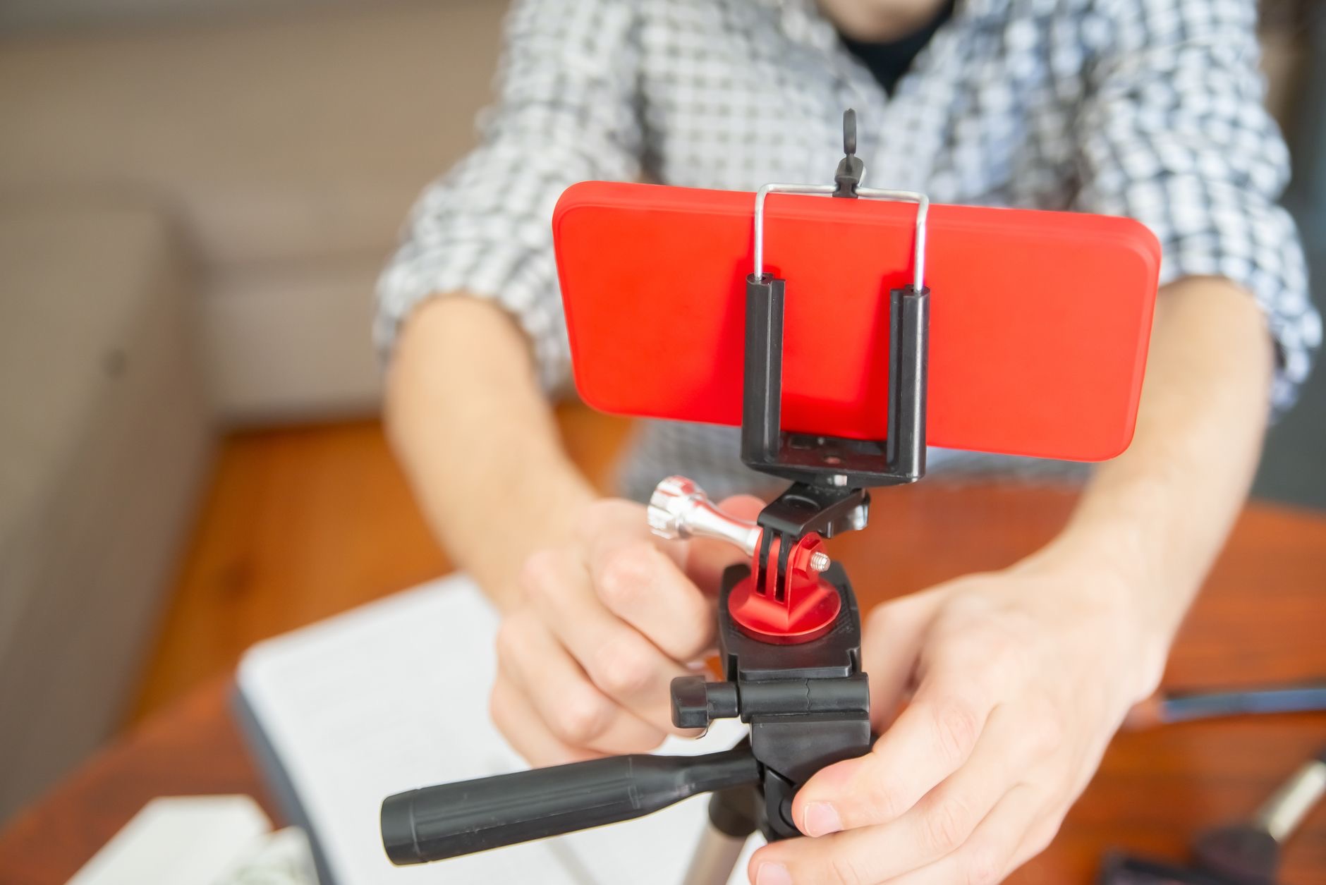 Close-up of a phone on a tripod