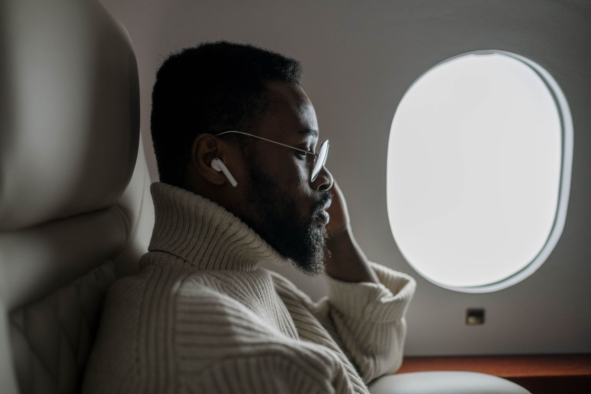 Earbuds in for a quiet flight